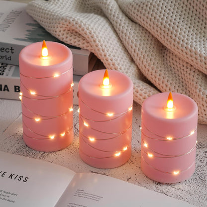 Rose Pink Flameless Candles with String Lights Battery Operated Flickering LED Pillar Candles with Remote Control Timer, Set of 3 for Living Room, Table Décor, Christmas Weddings