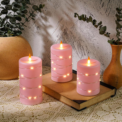 Rose Pink Flameless Candles with String Lights Battery Operated Flickering LED Pillar Candles with Remote Control Timer, Set of 3 for Living Room, Table Décor, Christmas Weddings