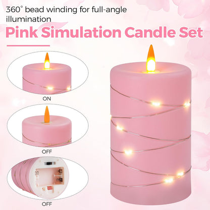 Rose Pink Flameless Candles with String Lights Battery Operated Flickering LED Pillar Candles with Remote Control Timer, Set of 3 for Living Room, Table Décor, Christmas Weddings
