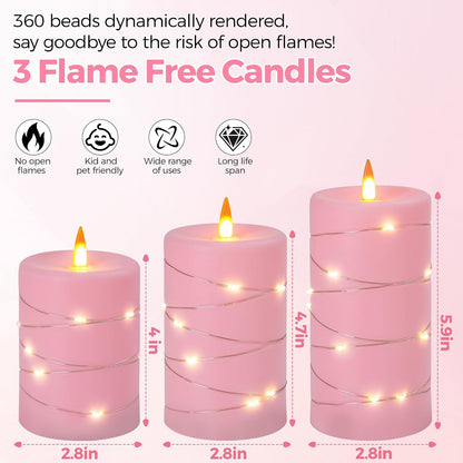 Rose Pink Flameless Candles with String Lights Battery Operated Flickering LED Pillar Candles with Remote Control Timer, Set of 3 for Living Room, Table Décor, Christmas Weddings