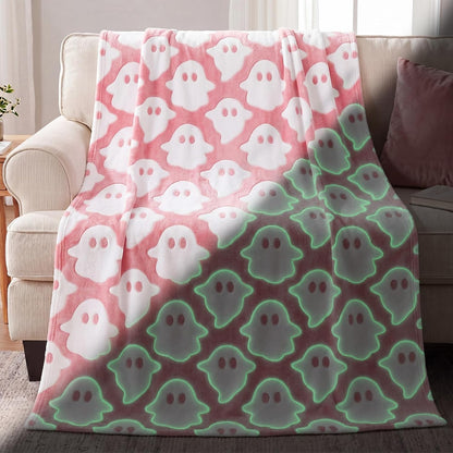 Halloween Cute Throw Blanket, Glow in The Dark Pink Ghost Blanket