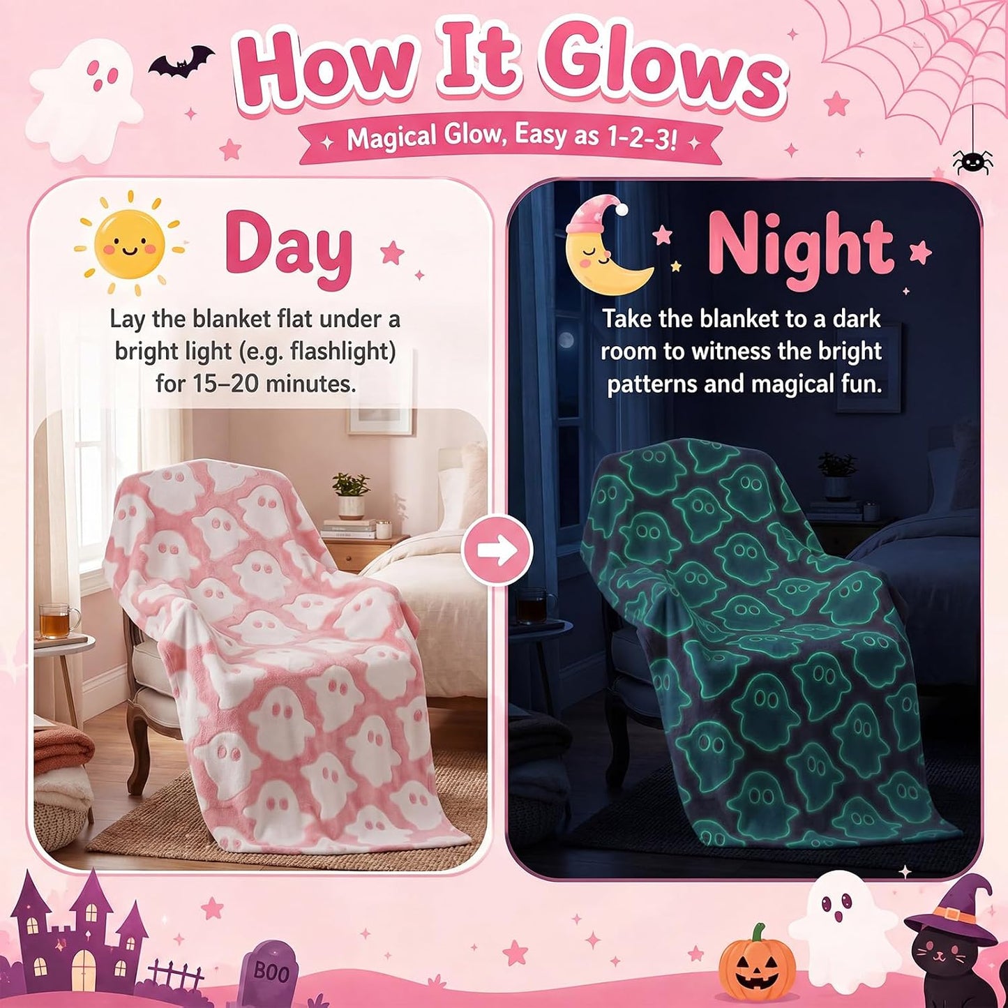 Halloween Cute Throw Blanket, Glow in The Dark Pink Ghost Blanket