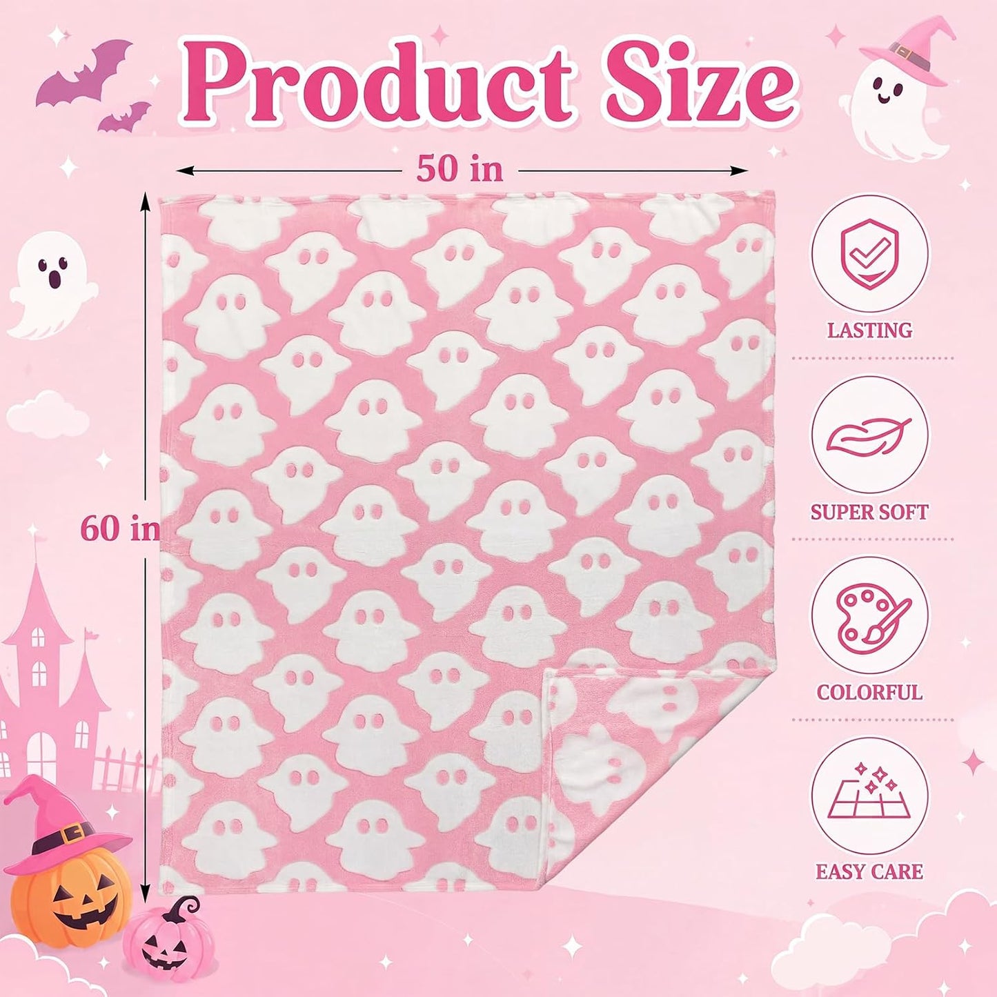 Halloween Cute Throw Blanket, Glow in The Dark Pink Ghost Blanket