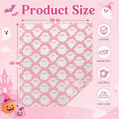 Halloween Cute Throw Blanket, Glow in The Dark Pink Ghost Blanket