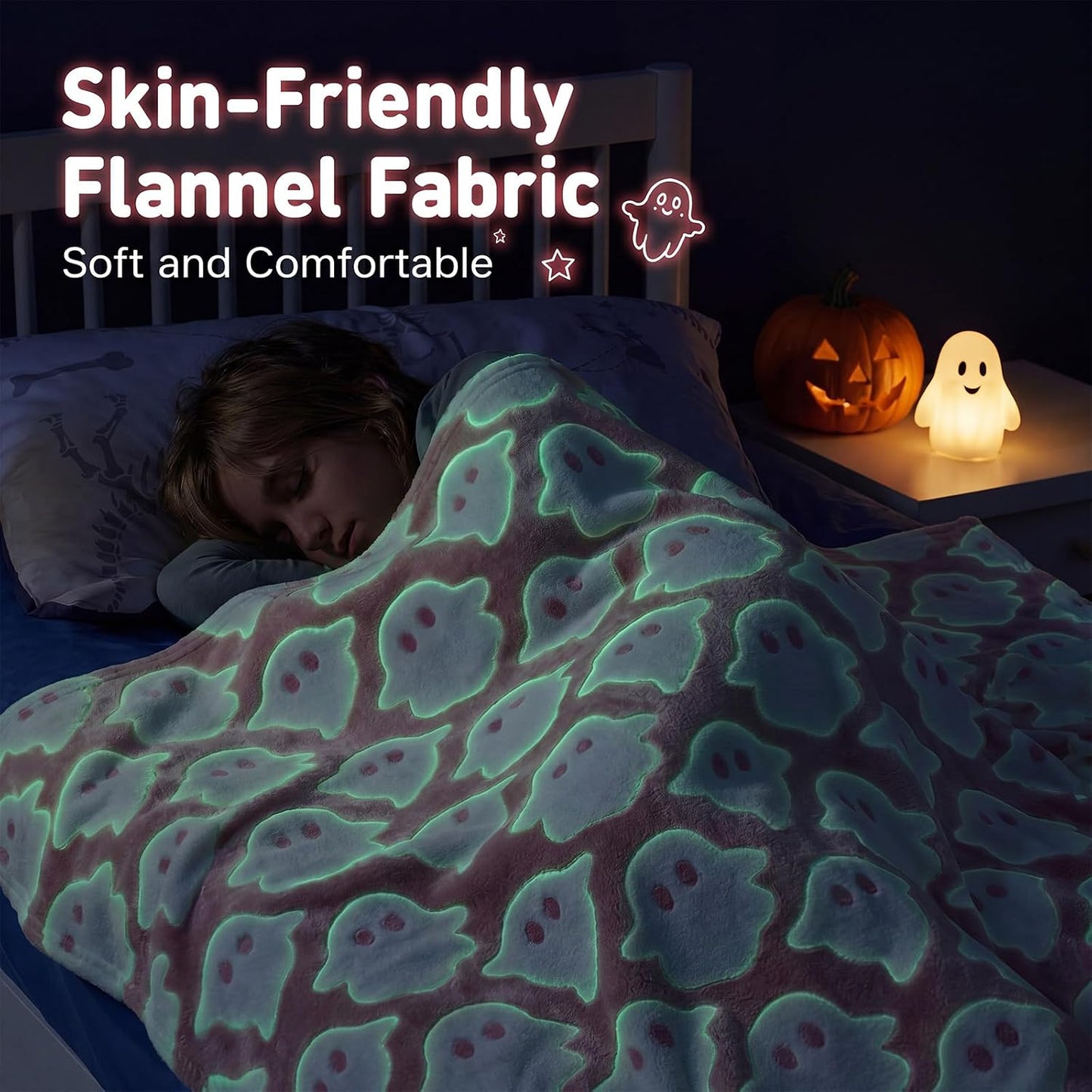 Halloween Cute Throw Blanket, Glow in The Dark Pink Ghost Blanket