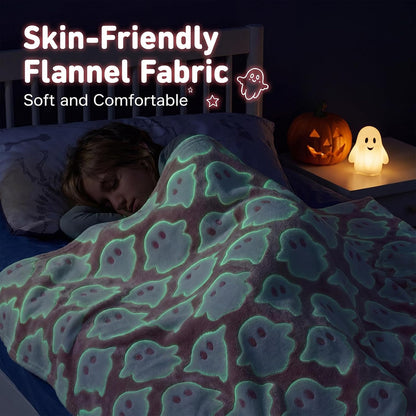 Halloween Cute Throw Blanket, Glow in The Dark Pink Ghost Blanket