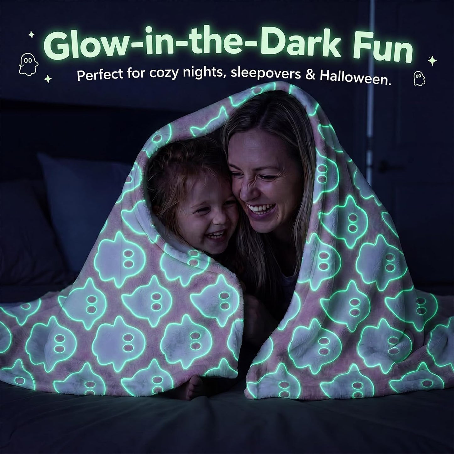 Halloween Cute Throw Blanket, Glow in The Dark Pink Ghost Blanket