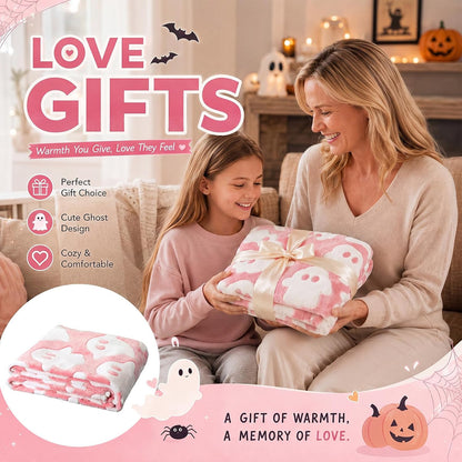 Halloween Cute Throw Blanket, Glow in The Dark Pink Ghost Blanket