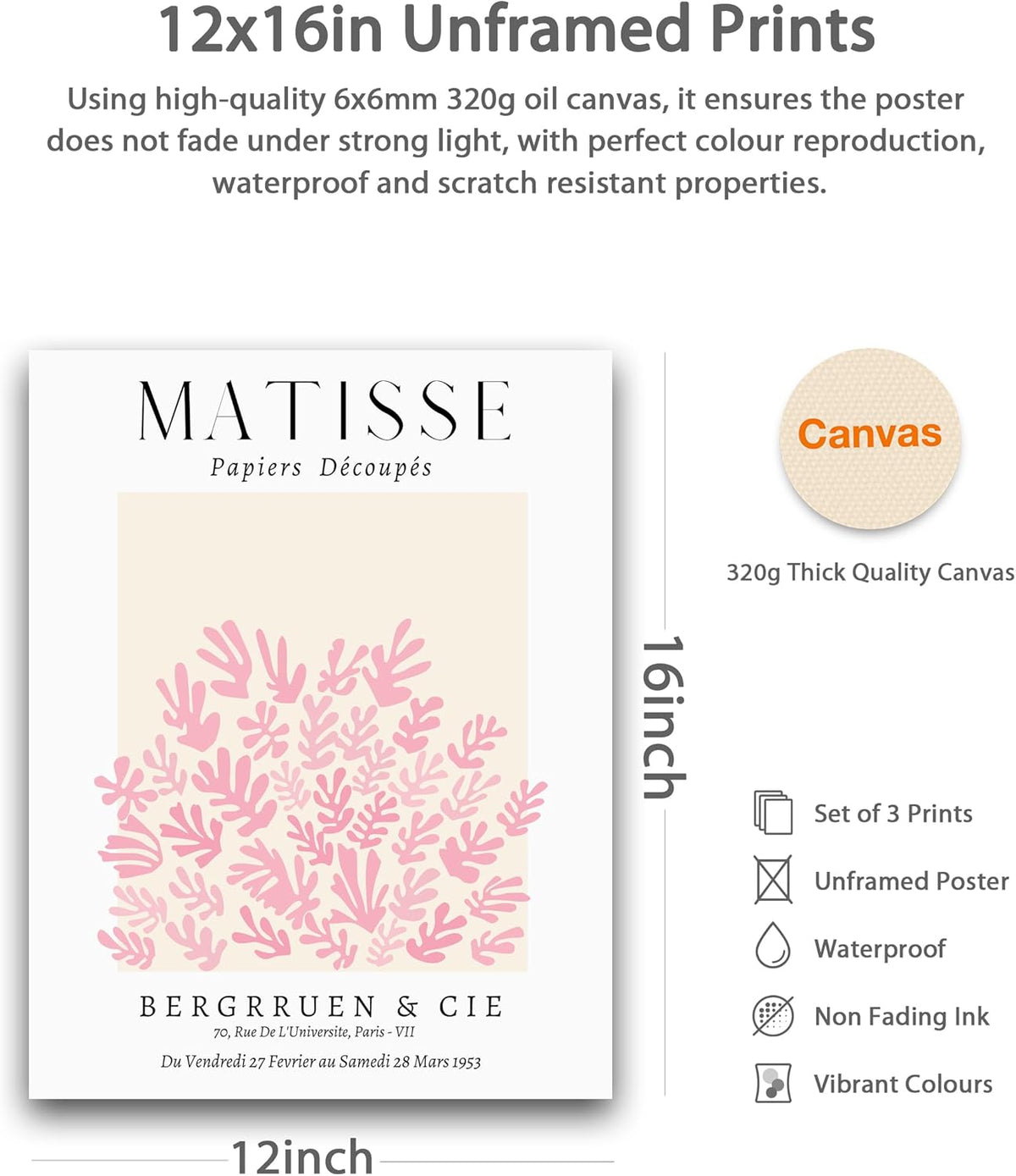 Unframed Matisse Pink Wall Art,12x16in Canvas Prints Set of 3