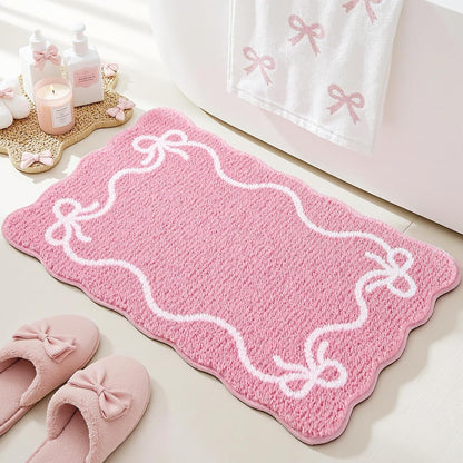 Pink Bow Bath Mat Cute Bow Bathroom Rug Super Soft Absorbent Bathroom Rugs Non Slip Bath Mat Machine Washable Rug for Bathrooms 20x32 inches (Pink, 50x80cm)