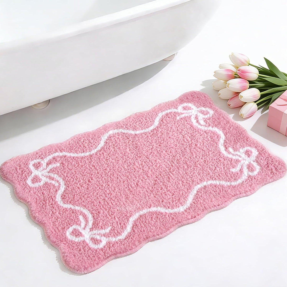 Pink Bow Bath Mat Cute Bow Bathroom Rug Super Soft Absorbent Bathroom Rugs Non Slip Bath Mat Machine Washable Rug for Bathrooms 20x32 inches (Pink, 50x80cm)