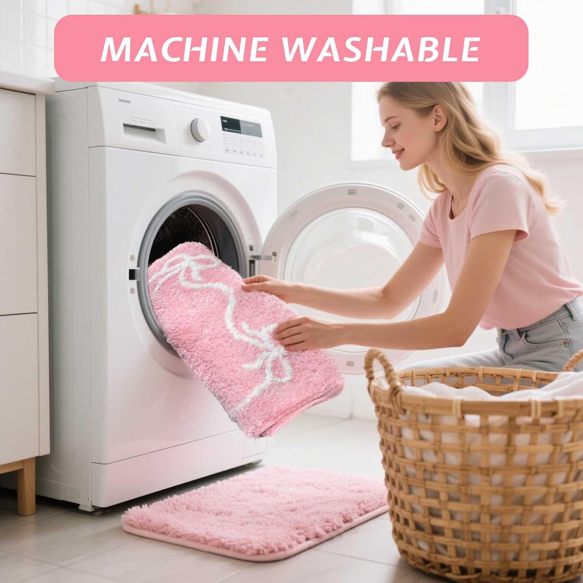 Pink Bow Bath Mat Cute Bow Bathroom Rug Super Soft Absorbent Bathroom Rugs Non Slip Bath Mat Machine Washable Rug for Bathrooms 20x32 inches (Pink, 50x80cm)