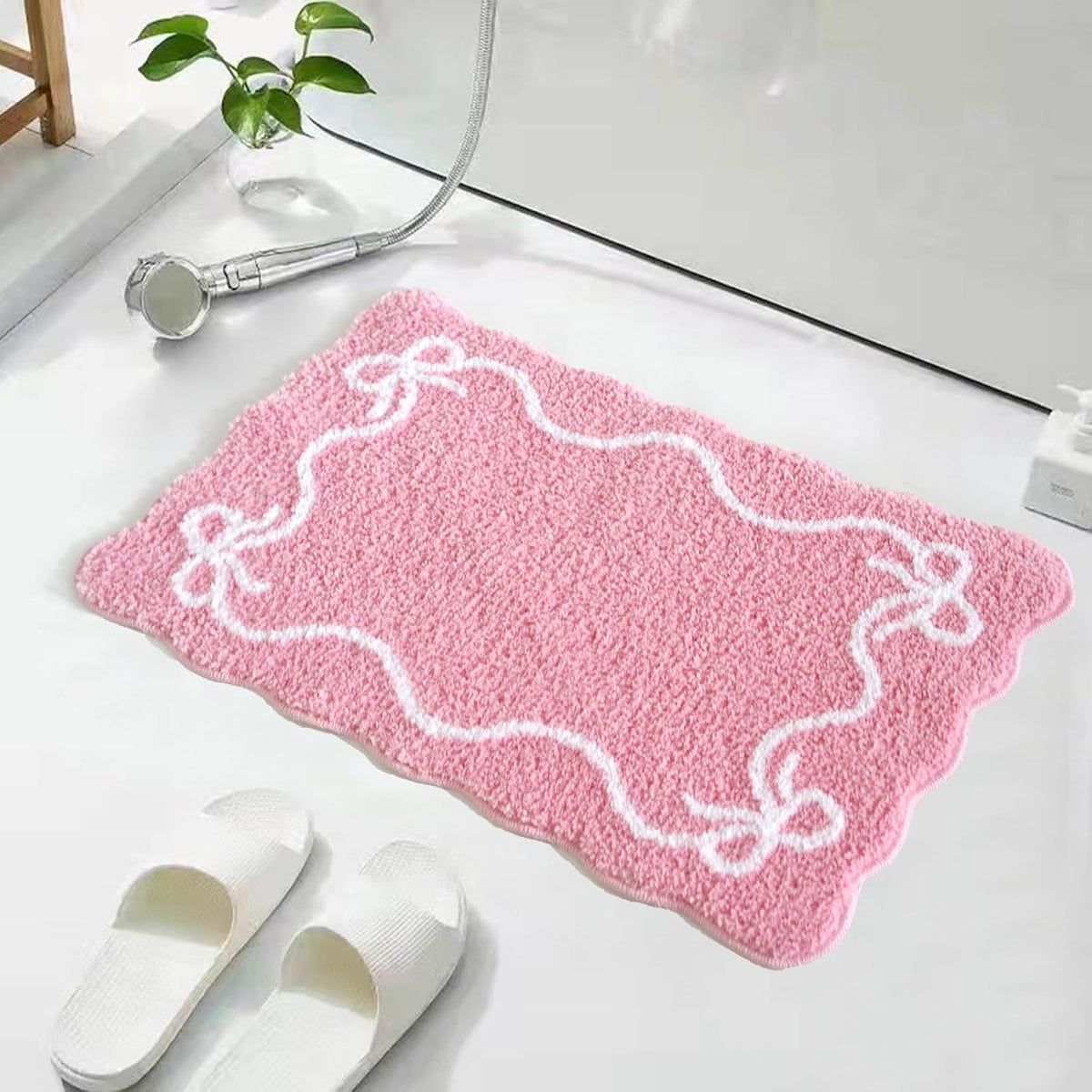 Pink Bow Bath Mat Cute Bow Bathroom Rug Super Soft Absorbent Bathroom Rugs Non Slip Bath Mat Machine Washable Rug for Bathrooms 20x32 inches (Pink, 50x80cm)