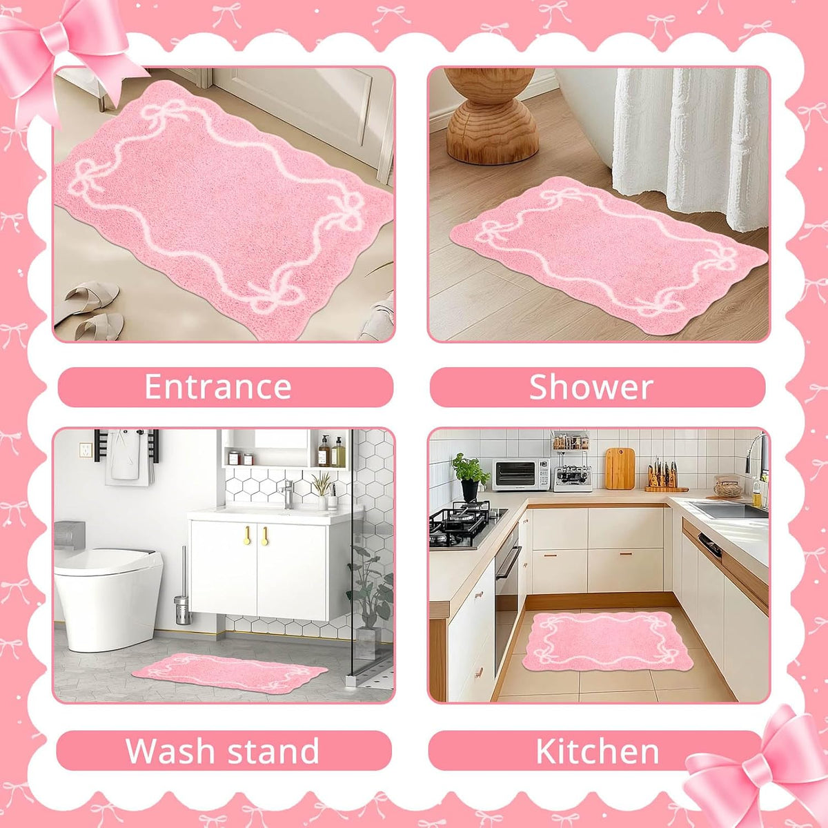 Pink Bow Bath Mat Cute Bow Bathroom Rug Super Soft Absorbent Bathroom Rugs Non Slip Bath Mat Machine Washable Rug for Bathrooms 20x32 inches (Pink, 50x80cm)