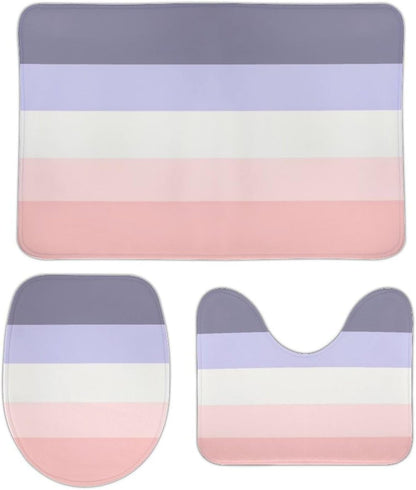 Bathroom Rugs Set 3 Piece Horizontal Stripe Pink, Peach & Purple Bath Rug Mat Set, Non Slip Absorbent Bathroom Decor Mat, Toilet Lid Cover & U Shaped Contour Rug