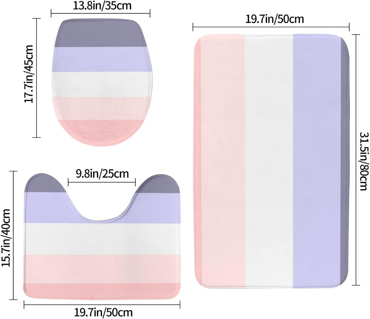 Bathroom Rugs Set 3 Piece Horizontal Stripe Pink, Peach & Purple Bath Rug Mat Set, Non Slip Absorbent Bathroom Decor Mat, Toilet Lid Cover & U Shaped Contour Rug