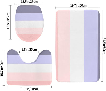 Bathroom Rugs Set 3 Piece Horizontal Stripe Pink, Peach & Purple Bath Rug Mat Set, Non Slip Absorbent Bathroom Decor Mat, Toilet Lid Cover & U Shaped Contour Rug