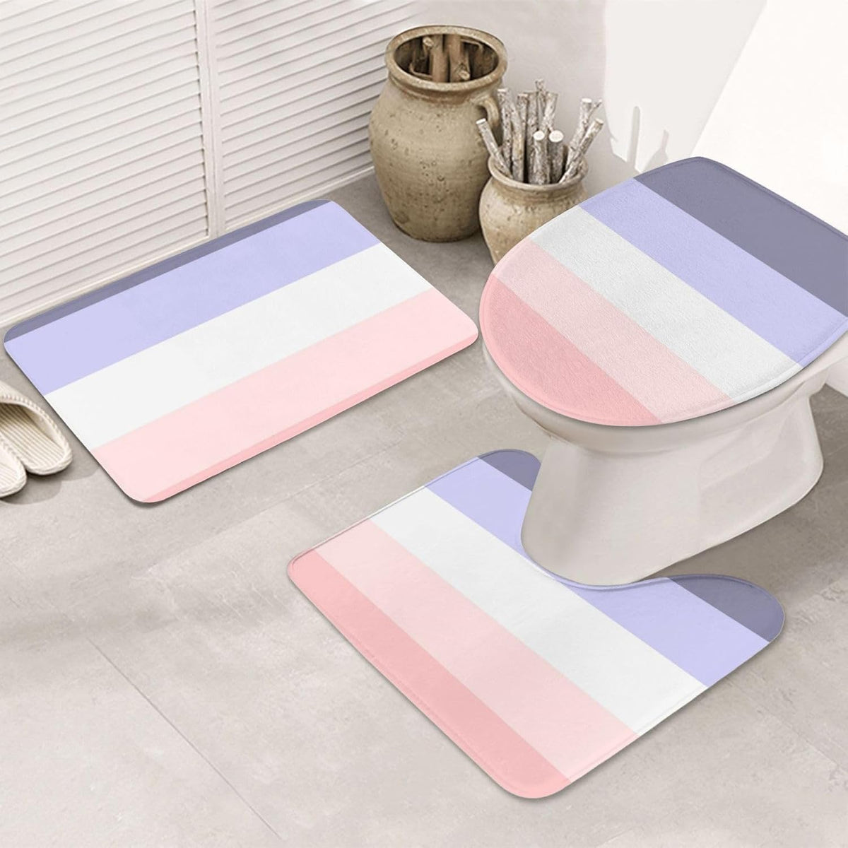 Bathroom Rugs Set 3 Piece Horizontal Stripe Pink, Peach & Purple Bath Rug Mat Set, Non Slip Absorbent Bathroom Decor Mat, Toilet Lid Cover & U Shaped Contour Rug