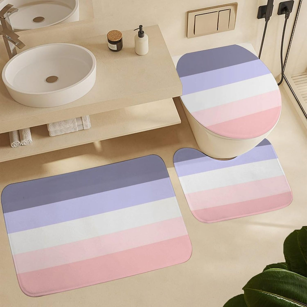 Bathroom Rugs Set 3 Piece Horizontal Stripe Pink, Peach & Purple Bath Rug Mat Set, Non Slip Absorbent Bathroom Decor Mat, Toilet Lid Cover & U Shaped Contour Rug