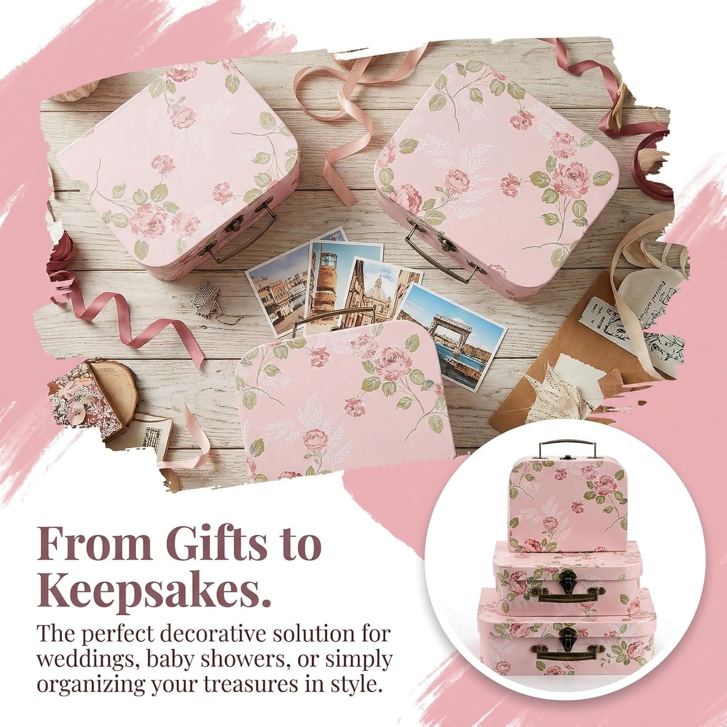 3 Pack Paperboard Suitcases Storage Box Decorative Storage Boxes Gift Boxes With Lids for Photo Storage Home Decoration, Wedding, Birthday, Anniversary, Pink