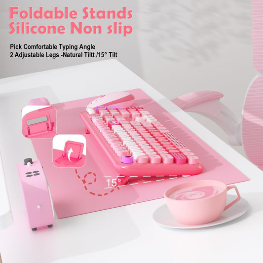 Wireless Keyboard Mouse,104 Full Size Cute Colorful Keyboard and Mouse with Retro Typewriter for PC/Mac/Laptop/Tablet/Computer/Windows/Microsoft, Pink