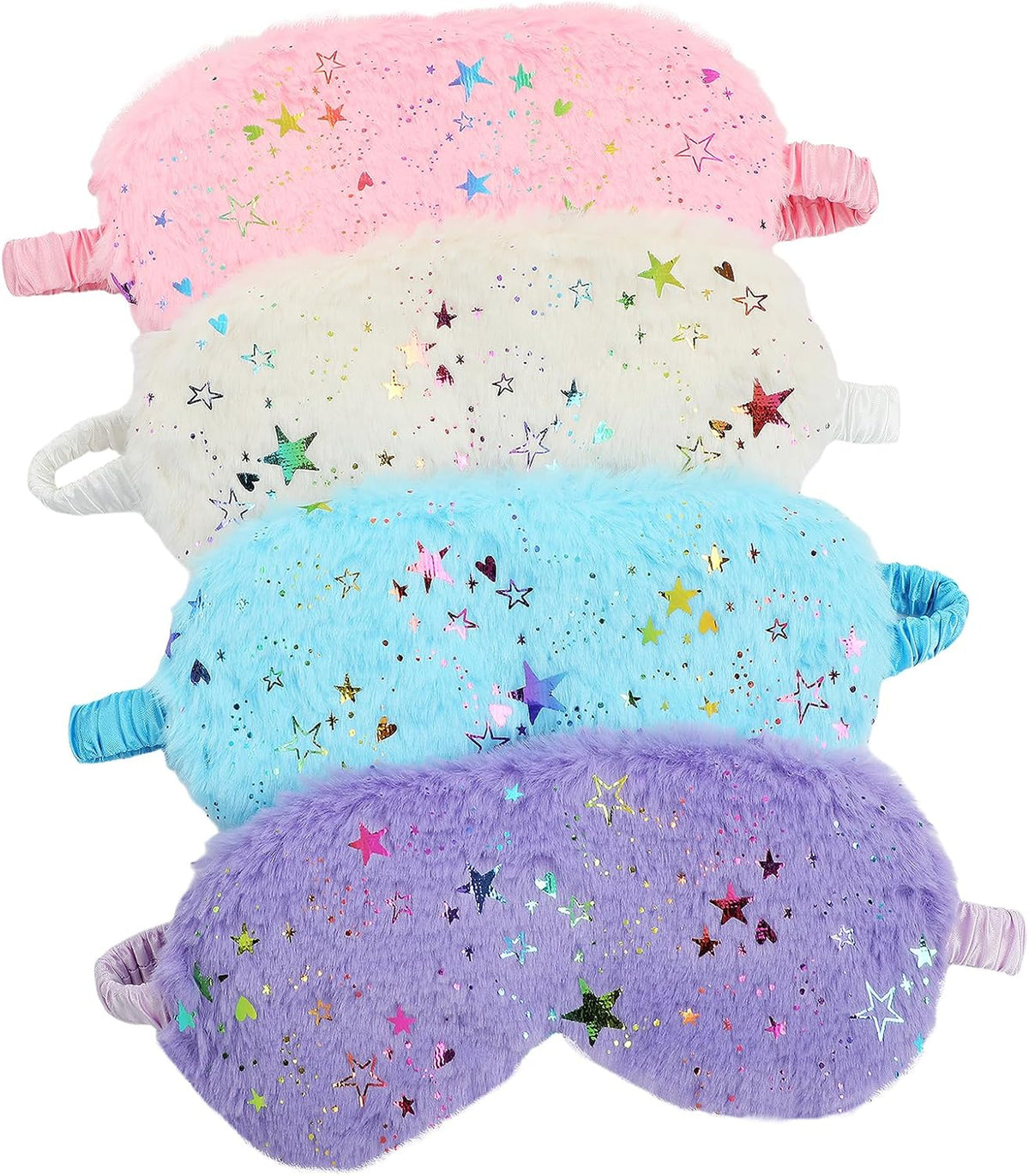 UTENEW 4 Pieces Glitter Stars Pattern Plush Sleep Mask, Soft Eye Cover, Faux Fur Sleeping Blindfold Eyeshade with Elastic Strap & Satin Back for Travel Sleepover Nap Party Supply Girls Women, 4 Colors