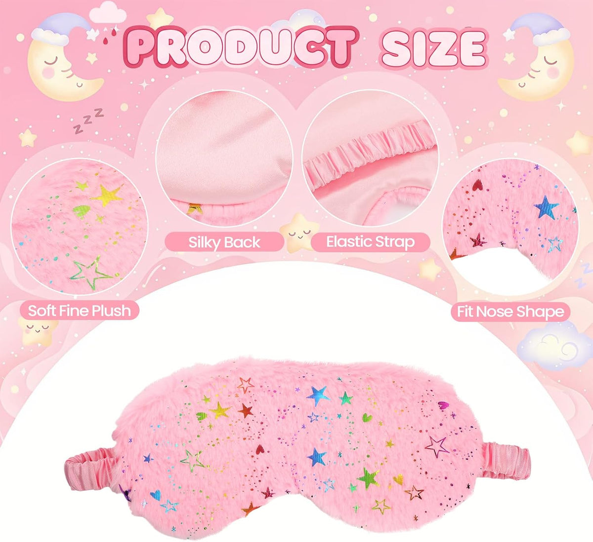 UTENEW 4 Pieces Glitter Stars Pattern Plush Sleep Mask, Soft Eye Cover, Faux Fur Sleeping Blindfold Eyeshade with Elastic Strap & Satin Back for Travel Sleepover Nap Party Supply Girls Women, 4 Colors