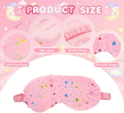 UTENEW 4 Pieces Glitter Stars Pattern Plush Sleep Mask, Soft Eye Cover, Faux Fur Sleeping Blindfold Eyeshade with Elastic Strap & Satin Back for Travel Sleepover Nap Party Supply Girls Women, 4 Colors
