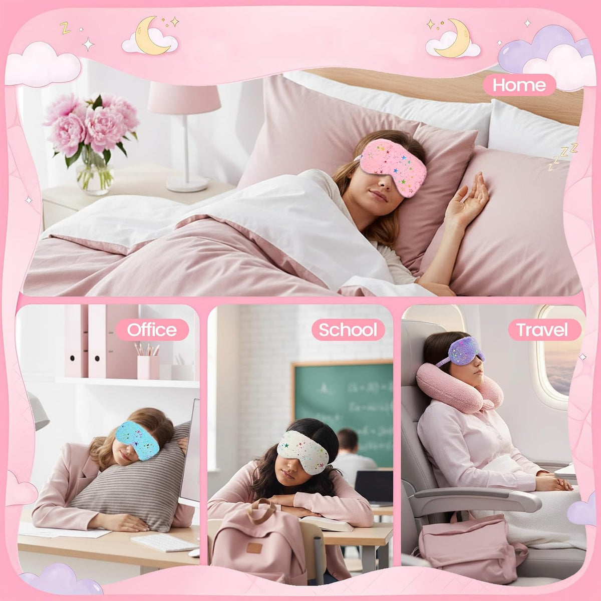 UTENEW 4 Pieces Glitter Stars Pattern Plush Sleep Mask, Soft Eye Cover, Faux Fur Sleeping Blindfold Eyeshade with Elastic Strap & Satin Back for Travel Sleepover Nap Party Supply Girls Women, 4 Colors