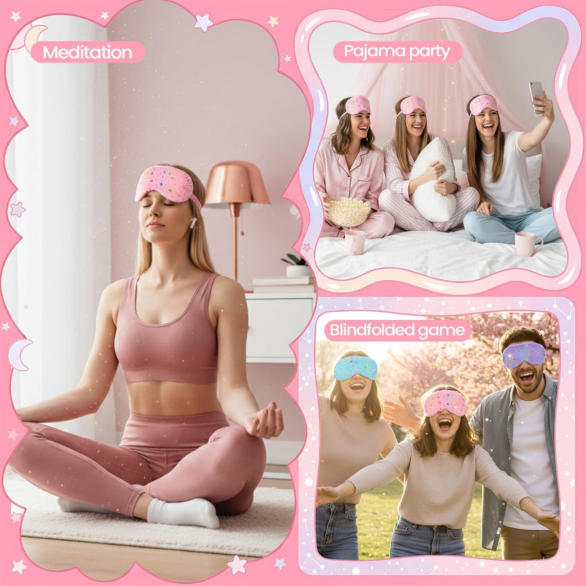 UTENEW 4 Pieces Glitter Stars Pattern Plush Sleep Mask, Soft Eye Cover, Faux Fur Sleeping Blindfold Eyeshade with Elastic Strap & Satin Back for Travel Sleepover Nap Party Supply Girls Women, 4 Colors