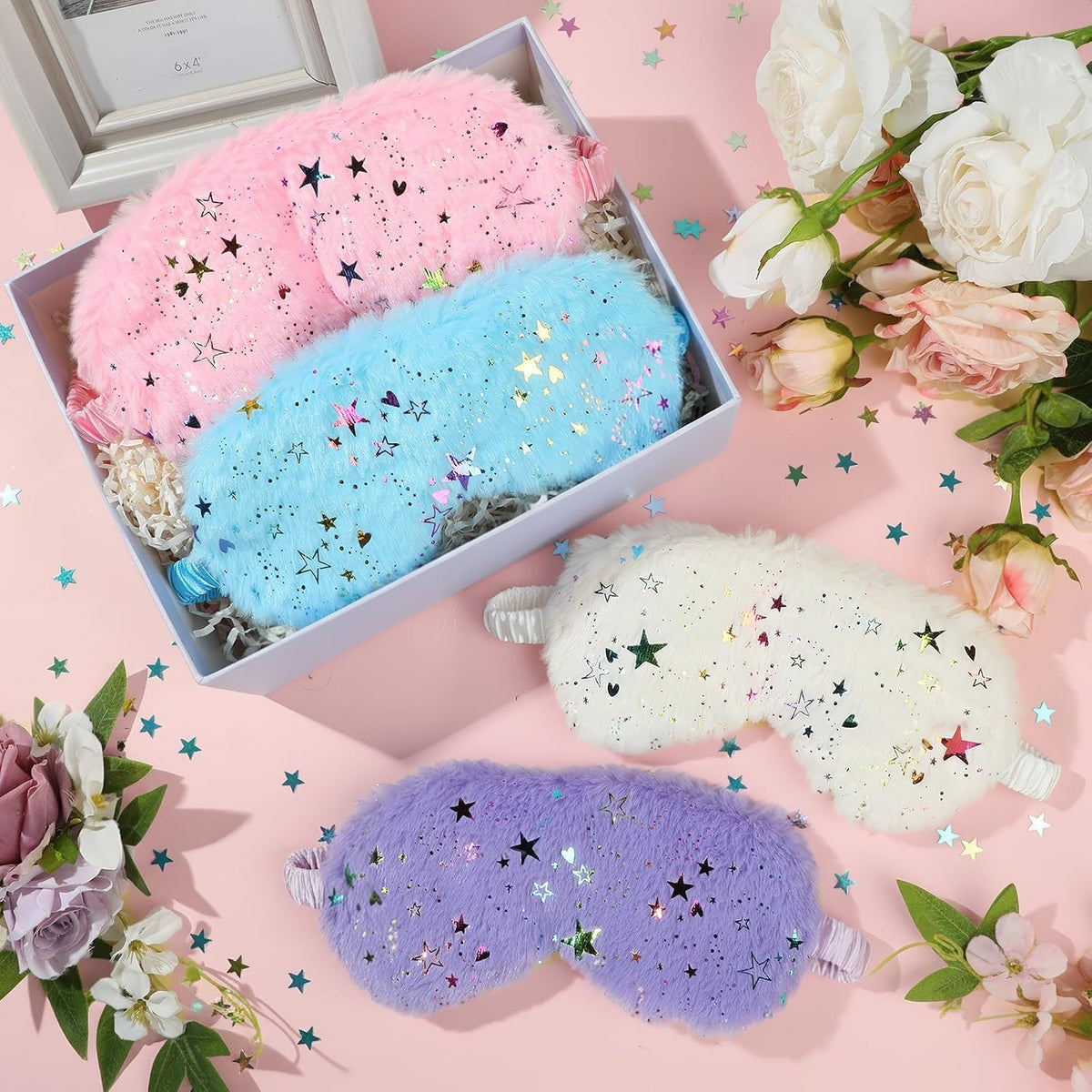 UTENEW 4 Pieces Glitter Stars Pattern Plush Sleep Mask, Soft Eye Cover, Faux Fur Sleeping Blindfold Eyeshade with Elastic Strap & Satin Back for Travel Sleepover Nap Party Supply Girls Women, 4 Colors