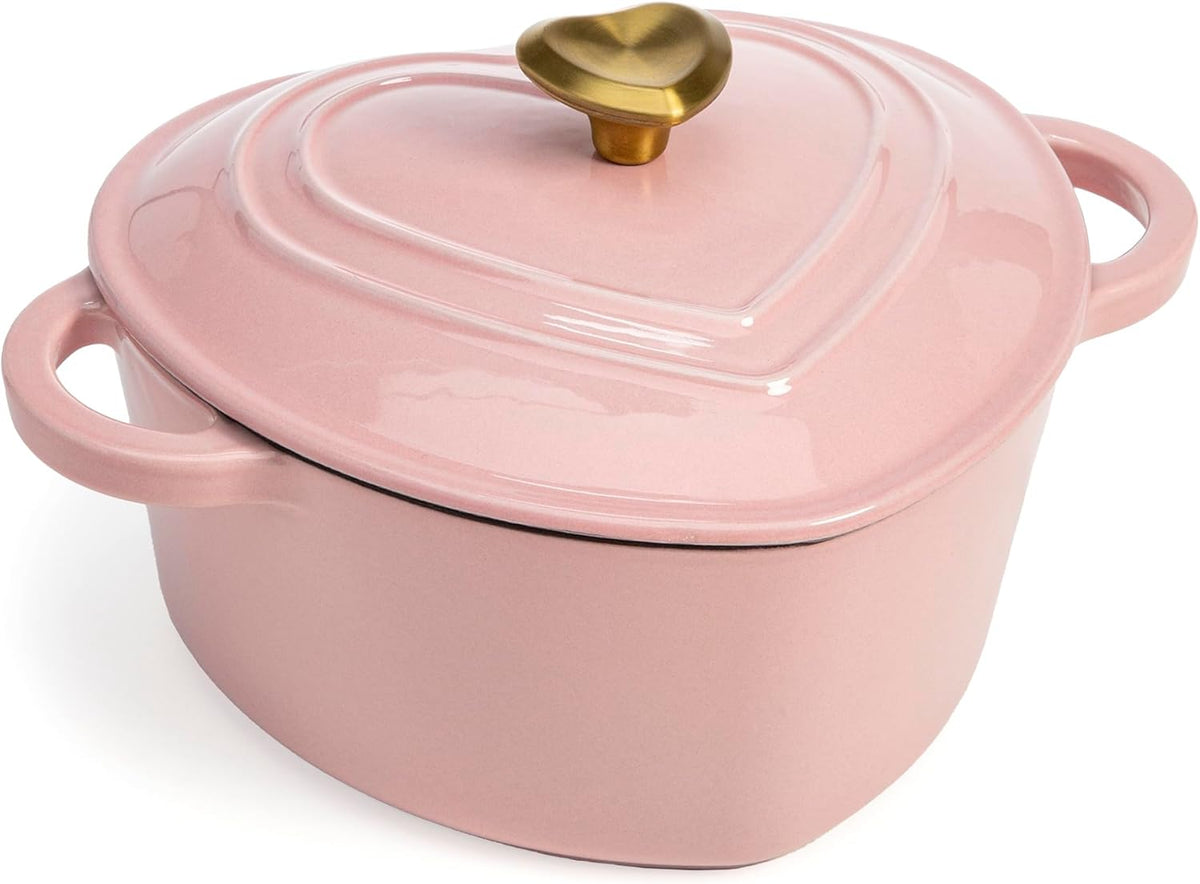 Paris Hilton Enameled Cast Iron Dutch Oven Pot with Lid, Heart-Shaped Dutch Oven, Durable Cast Iron Pot with Dual Handles, Oven Safe to 500°F, Works on All Stovetops, 4-Quart, Pink