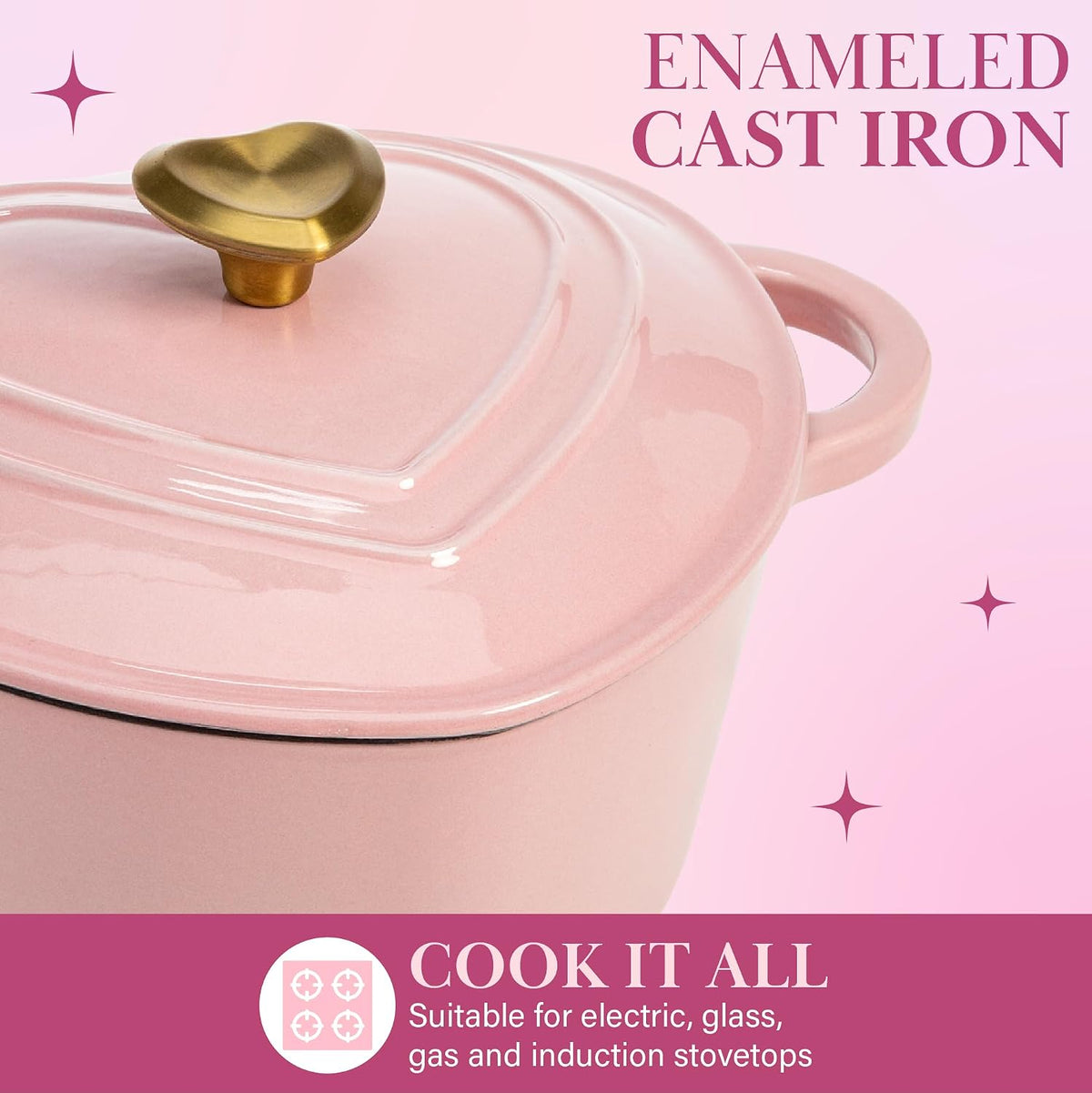 Paris Hilton Enameled Cast Iron Dutch Oven Pot with Lid, Heart-Shaped Dutch Oven, Durable Cast Iron Pot with Dual Handles, Oven Safe to 500°F, Works on All Stovetops, 4-Quart, Pink