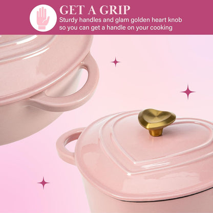 Paris Hilton Enameled Cast Iron Dutch Oven Pot with Lid, Heart-Shaped Dutch Oven, Durable Cast Iron Pot with Dual Handles, Oven Safe to 500°F, Works on All Stovetops, 4-Quart, Pink