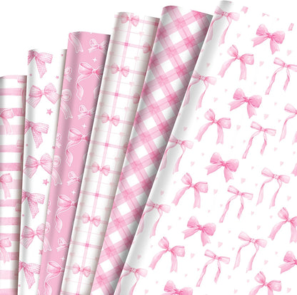 Pink Bow Wrapping Paper 12 Sheets 20'' x 27'' Folded Flat Gift Wrap with Cute Bow, Pink Plaid, Stripes and Polka Dot Gift Wrap Paper for Girls Women Birthday Gift Packing Supplies