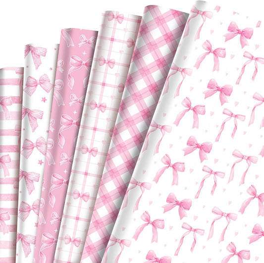 Pink Bow Wrapping Paper 12 Sheets 20'' x 27'' Folded Flat Gift Wrap with Cute Bow, Pink Plaid, Stripes and Polka Dot Gift Wrap Paper for Girls Women Birthday Gift Packing Supplies