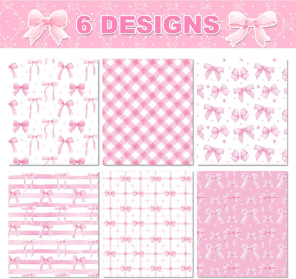 Pink Bow Wrapping Paper 12 Sheets 20'' x 27'' Folded Flat Gift Wrap with Cute Bow, Pink Plaid, Stripes and Polka Dot Gift Wrap Paper for Girls Women Birthday Gift Packing Supplies