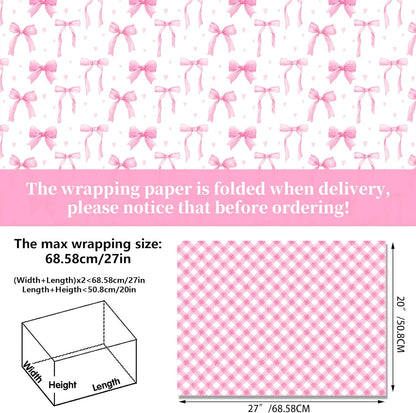Pink Bow Wrapping Paper 12 Sheets 20'' x 27'' Folded Flat Gift Wrap with Cute Bow, Pink Plaid, Stripes and Polka Dot Gift Wrap Paper for Girls Women Birthday Gift Packing Supplies