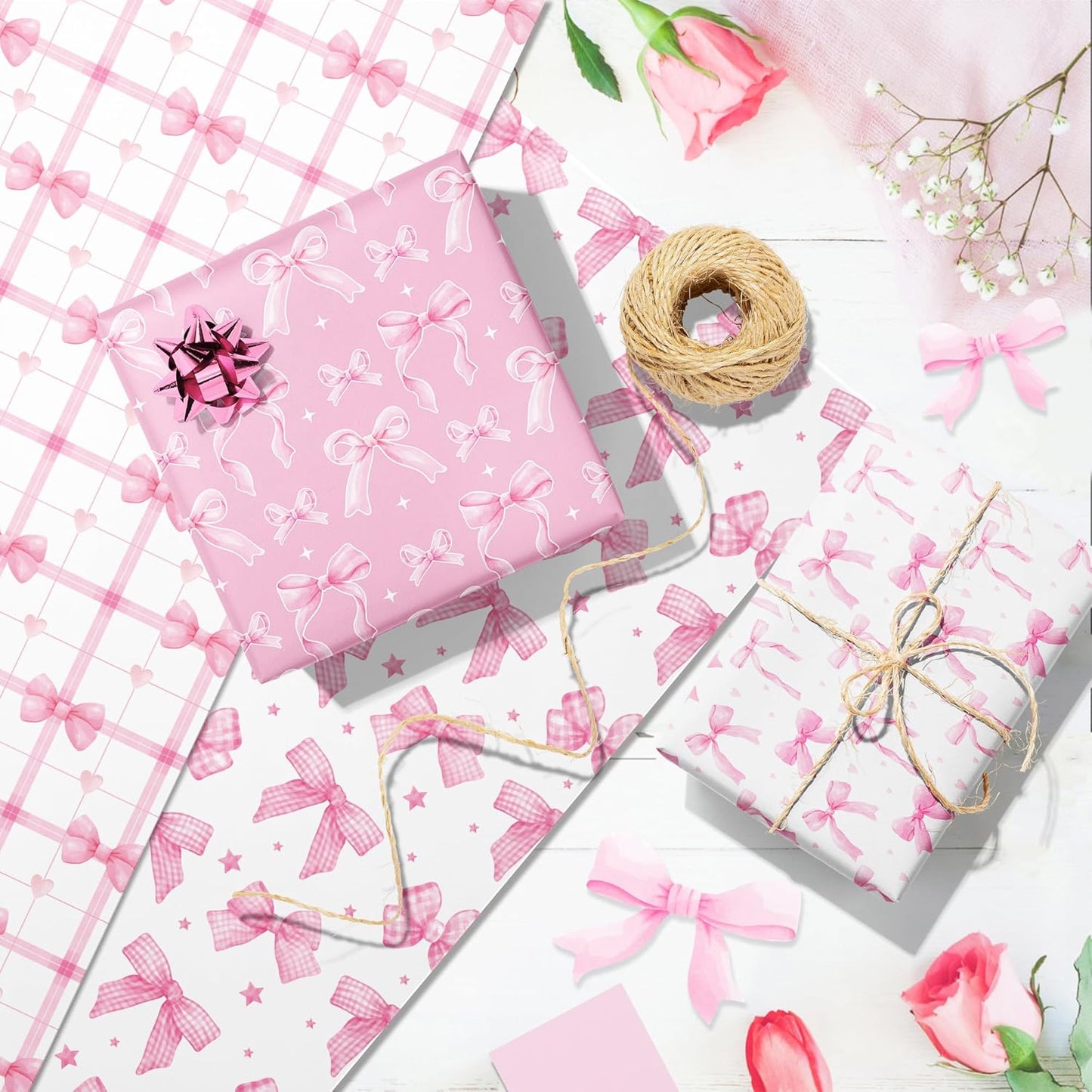 Pink Bow Wrapping Paper 12 Sheets 20'' x 27'' Folded Flat Gift Wrap with Cute Bow, Pink Plaid, Stripes and Polka Dot Gift Wrap Paper for Girls Women Birthday Gift Packing Supplies