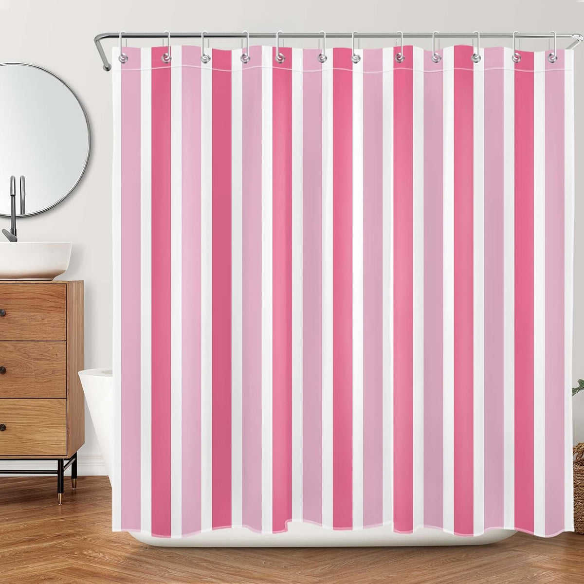 Pink and White Shower Curtain Modern Vertical Stripe Abstract Geometric Design Polyester Fabric Bathroom Decor Curtains, 72W X 78L inches