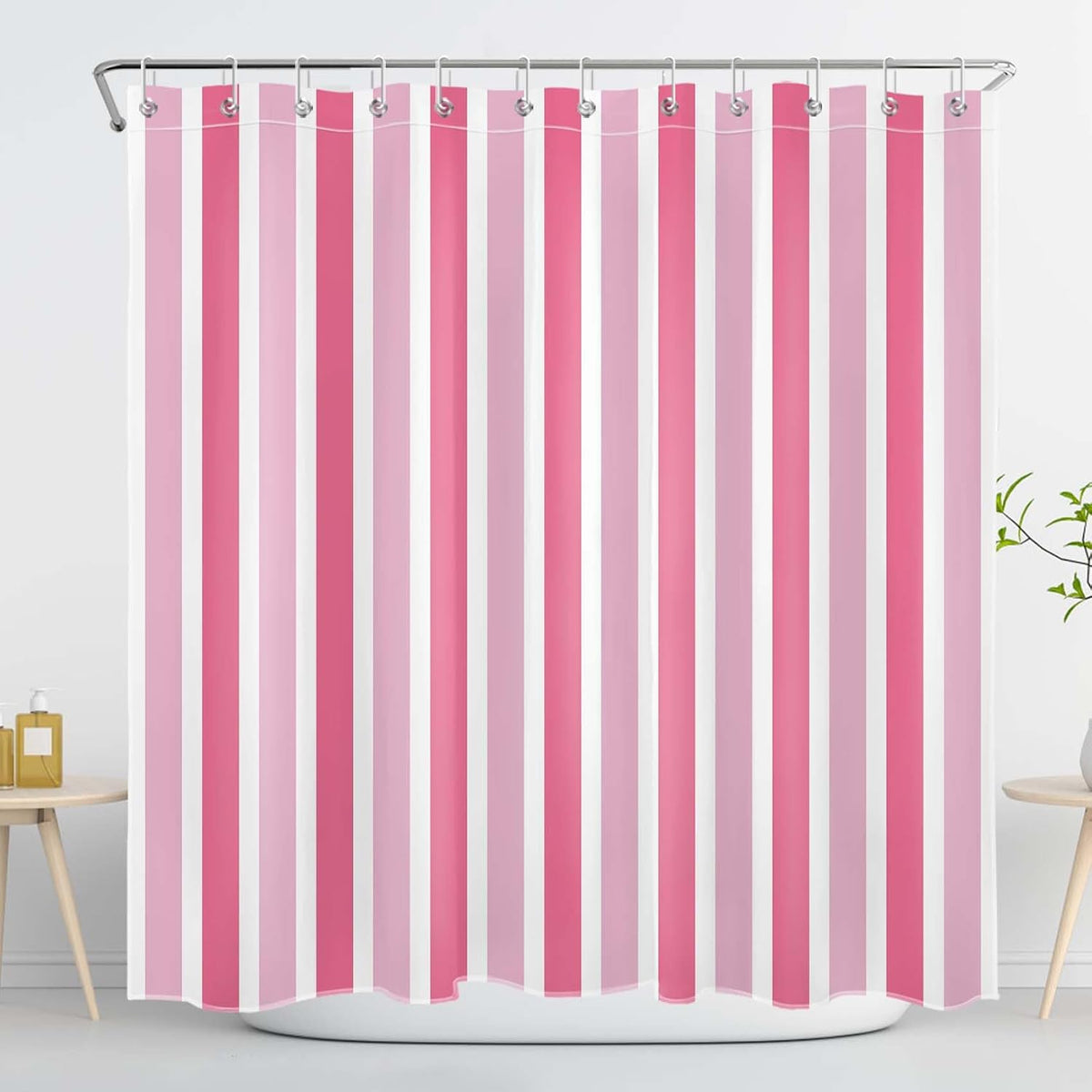 Pink and White Shower Curtain Modern Vertical Stripe Abstract Geometric Design Polyester Fabric Bathroom Decor Curtains, 72W X 78L inches