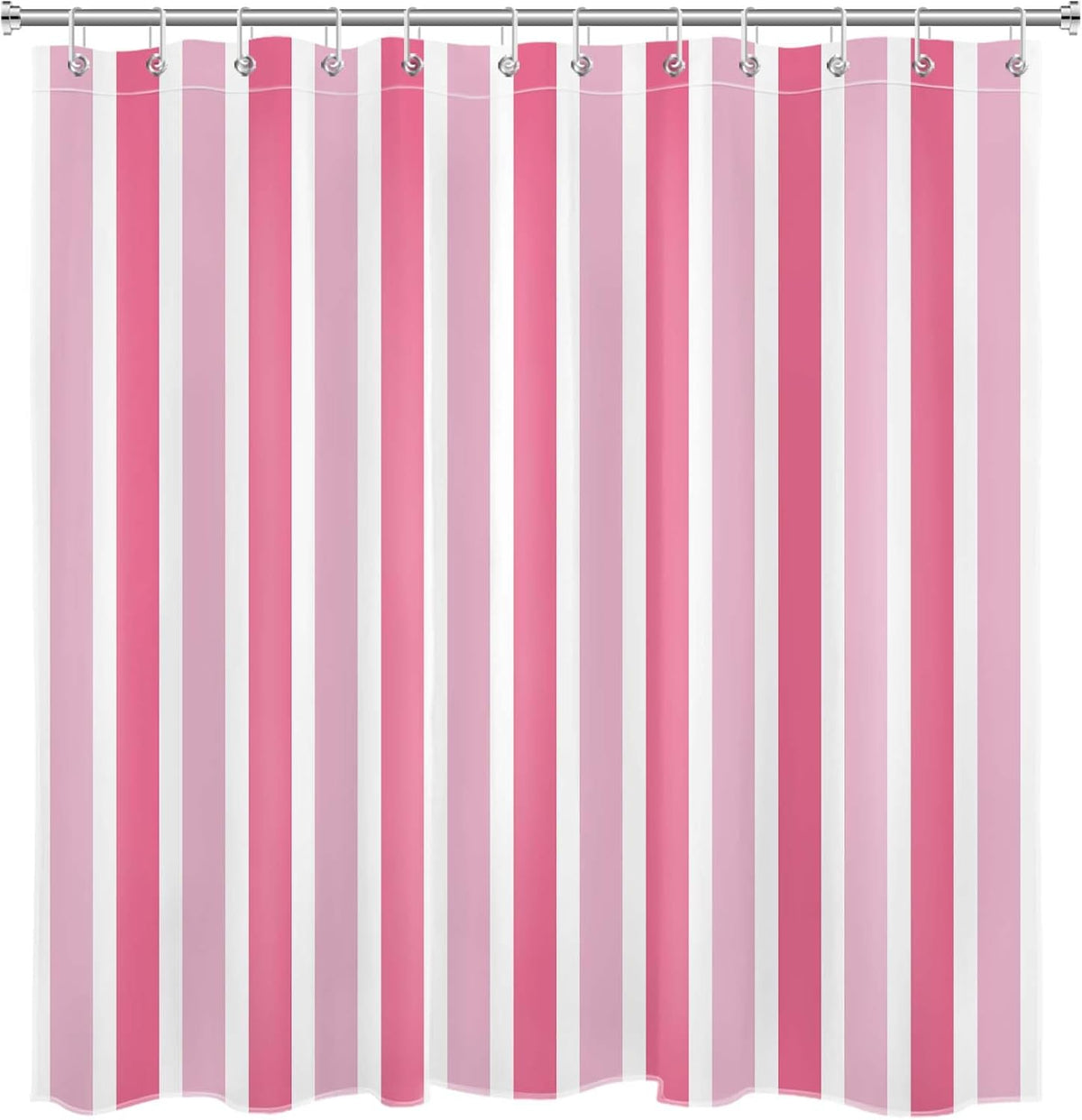 Pink and White Shower Curtain Modern Vertical Stripe Abstract Geometric Design Polyester Fabric Bathroom Decor Curtains, 72W X 78L inches