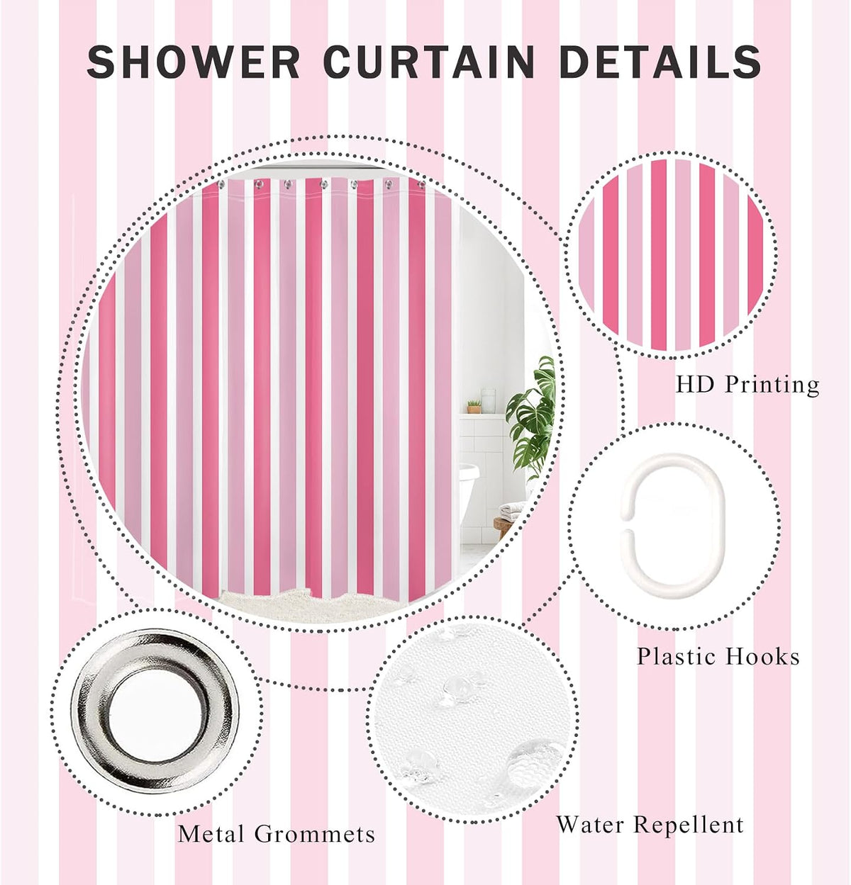 Pink and White Shower Curtain Modern Vertical Stripe Abstract Geometric Design Polyester Fabric Bathroom Decor Curtains, 72W X 78L inches