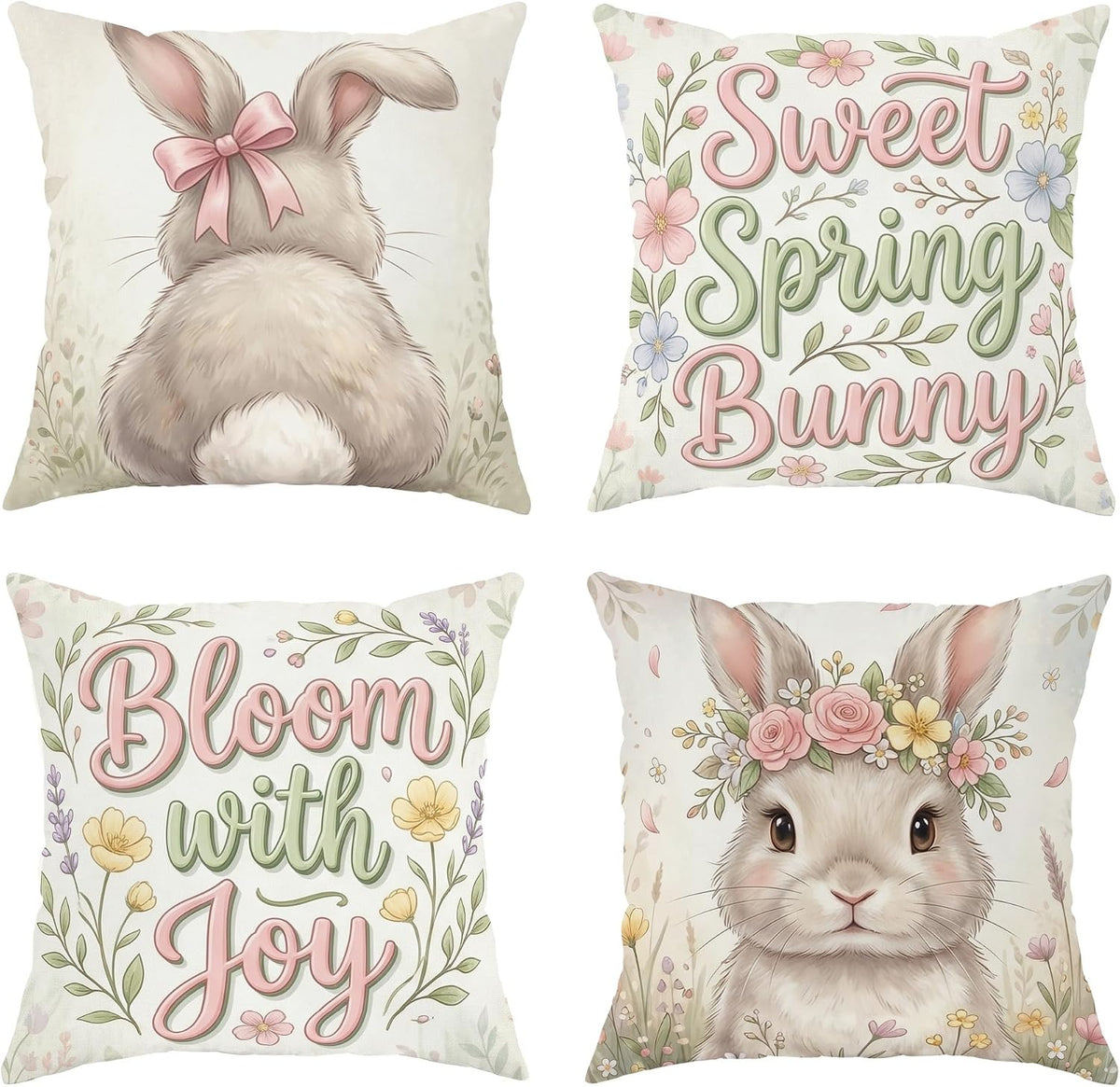 Bunny Throw Pillow Covers Set of 4, Spring Fanciful Flowers Bow Spring Pastel Peach Soft Velvet Washable Cover Decorative Pillows for Home Living Room Bedroom Dorm Couch Decor 16x16 Inch