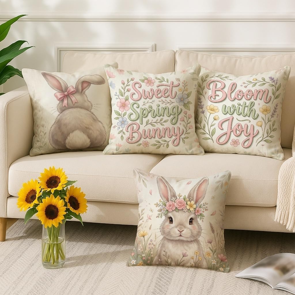 Bunny Throw Pillow Covers Set of 4, Spring Fanciful Flowers Bow Spring Pastel Peach Soft Velvet Washable Cover Decorative Pillows for Home Living Room Bedroom Dorm Couch Decor 16x16 Inch