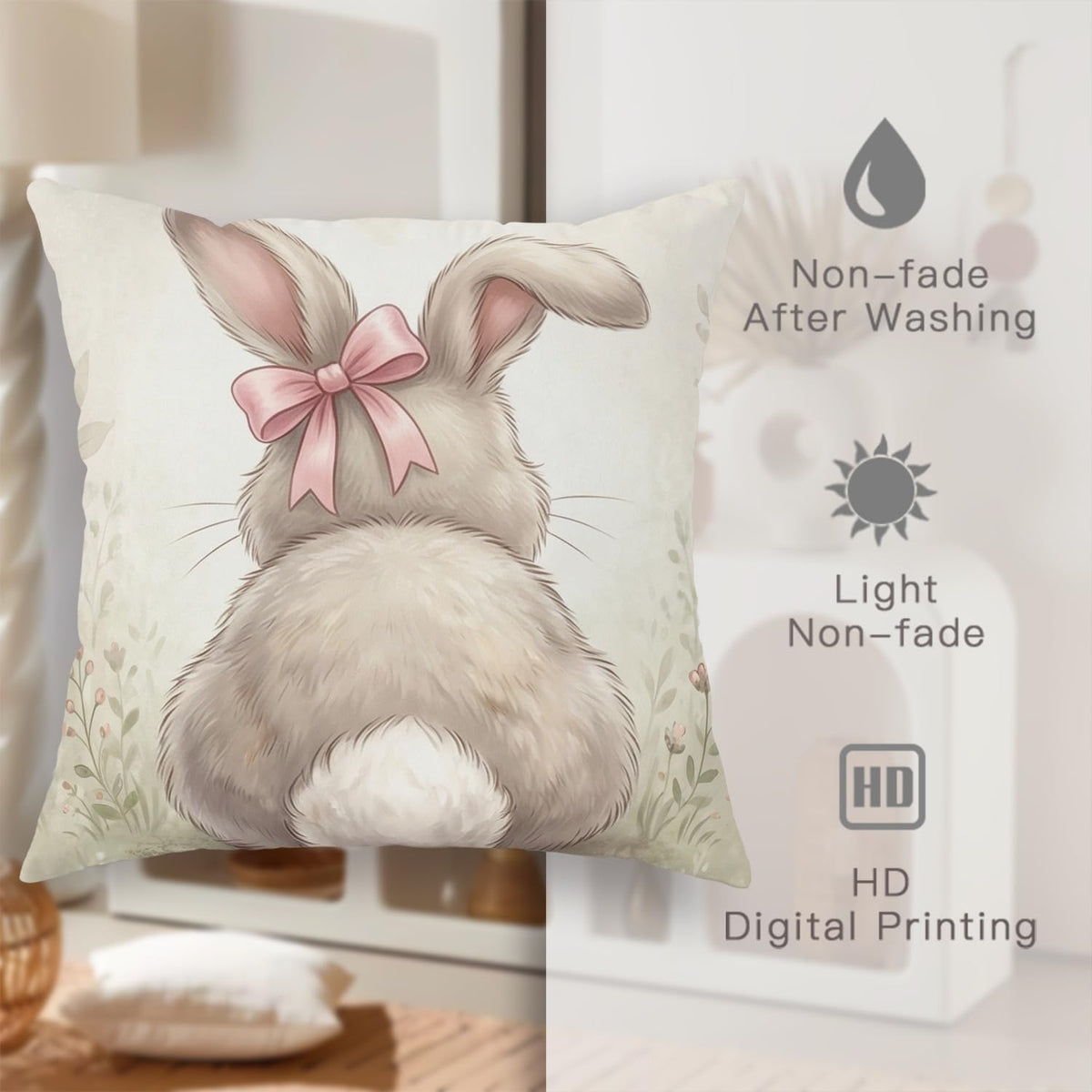 Bunny Throw Pillow Covers Set of 4, Spring Fanciful Flowers Bow Spring Pastel Peach Soft Velvet Washable Cover Decorative Pillows for Home Living Room Bedroom Dorm Couch Decor 16x16 Inch