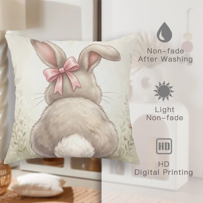 Bunny Throw Pillow Covers Set of 4, Spring Fanciful Flowers Bow Spring Pastel Peach Soft Velvet Washable Cover Decorative Pillows for Home Living Room Bedroom Dorm Couch Decor 16x16 Inch
