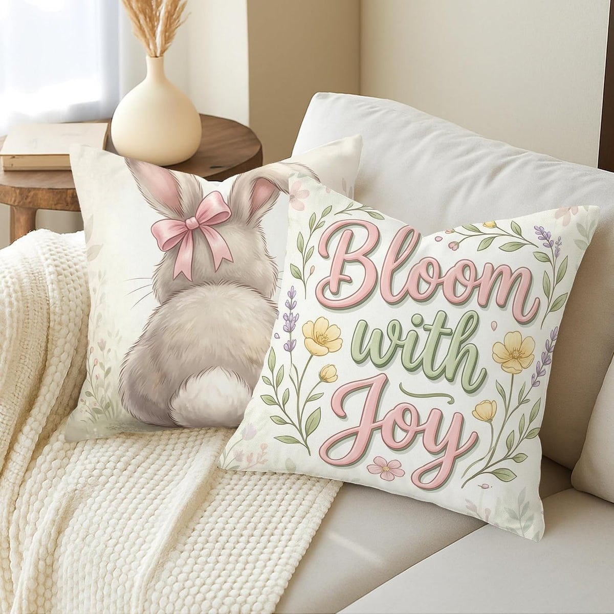 Bunny Throw Pillow Covers Set of 4, Spring Fanciful Flowers Bow Spring Pastel Peach Soft Velvet Washable Cover Decorative Pillows for Home Living Room Bedroom Dorm Couch Decor 16x16 Inch
