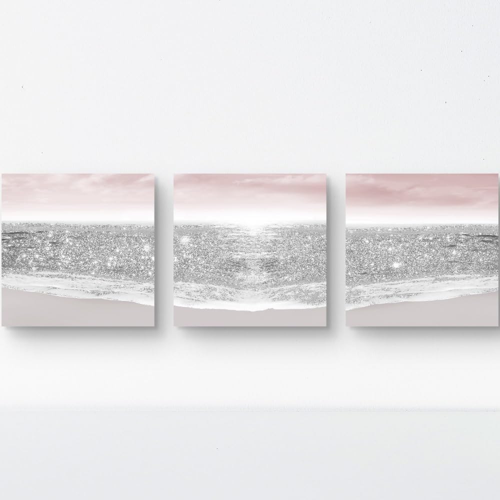 Bathroom Pictures Glitter Silver Pink Beach Wall Art for Girls Bedroom & Women's Room | Pastel Blush Modern Art Decor | Ocean Themed Sparkle Prints