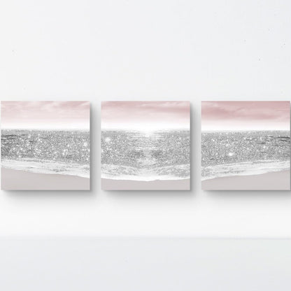 Bathroom Pictures Glitter Silver Pink Beach Wall Art for Girls Bedroom & Women's Room | Pastel Blush Modern Art Decor | Ocean Themed Sparkle Prints